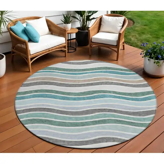 8' Teal Blue Khaki And Ivory Round Striped Washable Indoor Outdoor Area Rug Photo 1