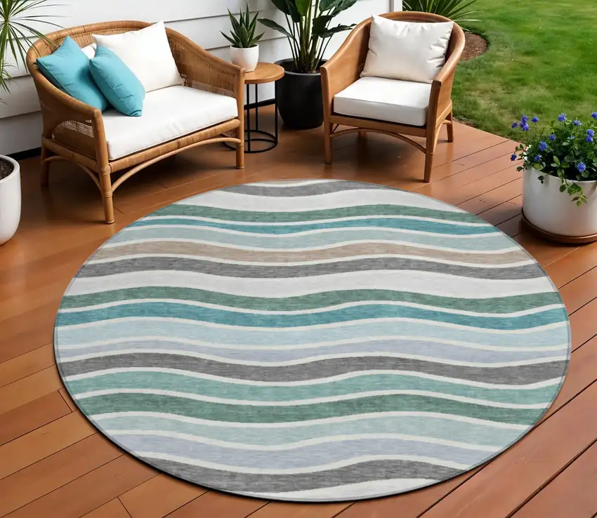 8' Teal Blue Khaki And Ivory Round Striped Washable Indoor Outdoor Area Rug Photo 1