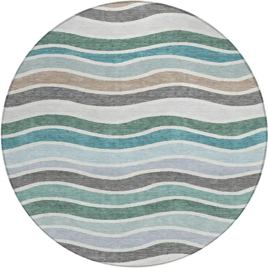 8' Teal Blue Khaki And Ivory Round Striped Washable Indoor Outdoor Area Rug Photo 2