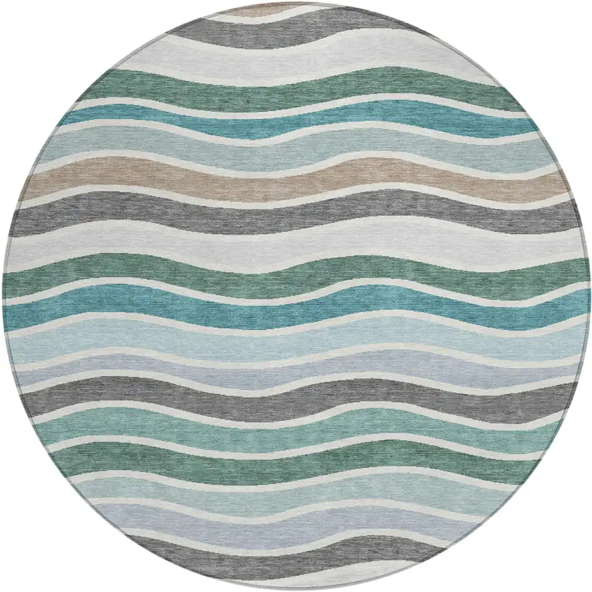 8' Teal Blue Khaki And Ivory Round Striped Washable Indoor Outdoor Area Rug Photo 2