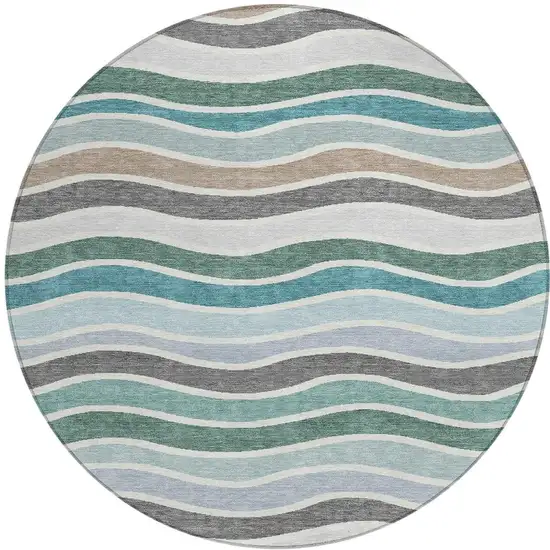 8' Teal Blue Khaki And Ivory Round Striped Washable Indoor Outdoor Area Rug Photo 4