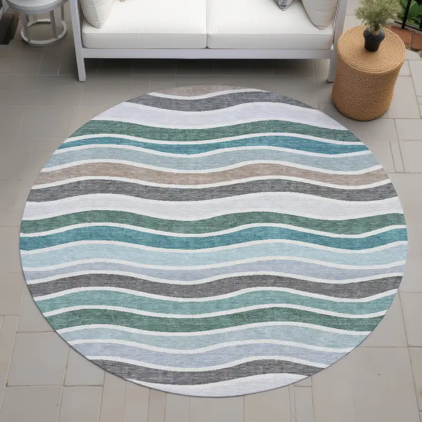 8' Teal Blue Khaki And Ivory Round Striped Washable Indoor Outdoor Area Rug Photo 8