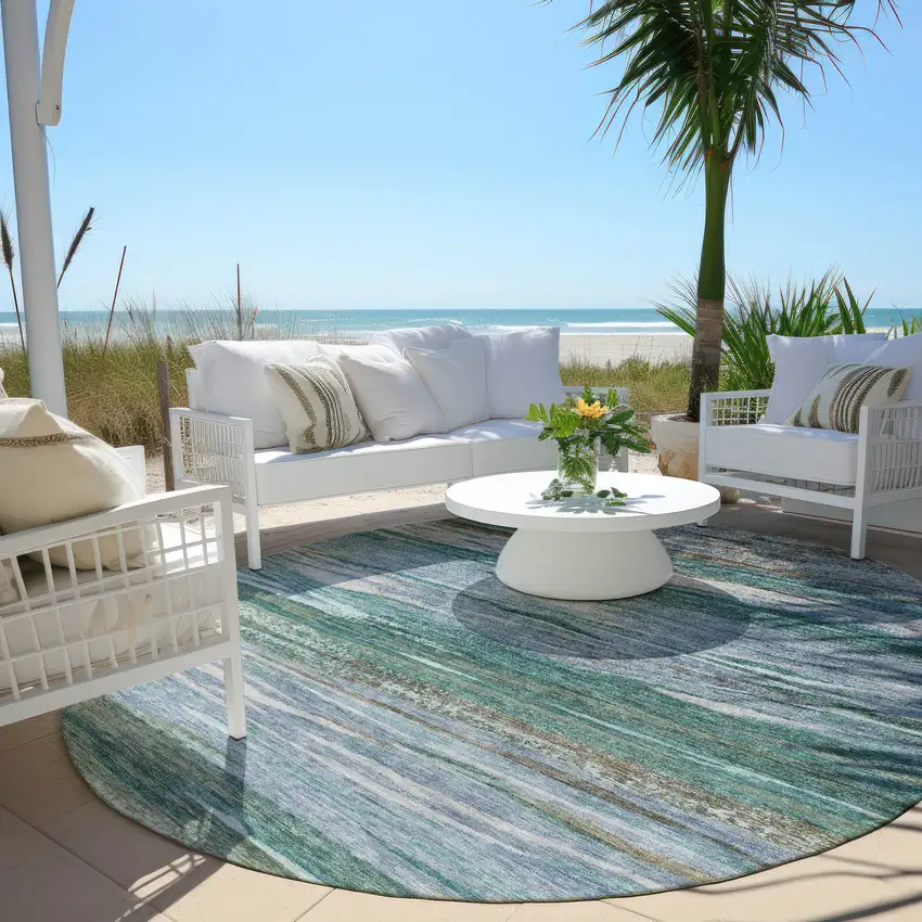 8' Teal Blue Khaki And Taupe Round Abstract Washable Indoor Outdoor Area Rug Photo 4