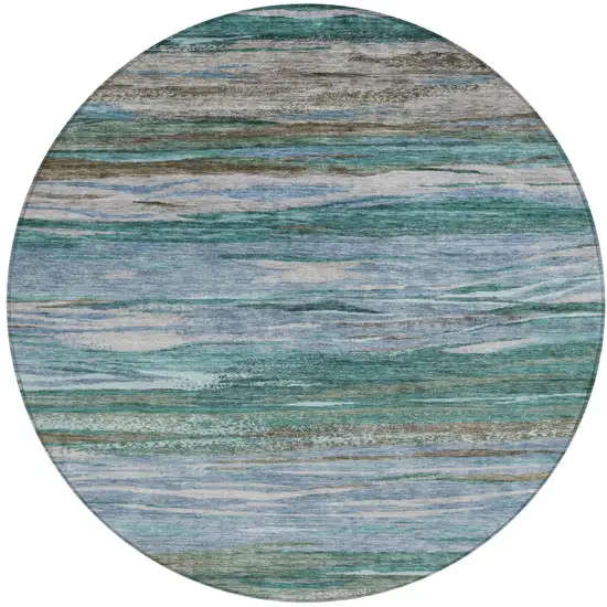 8' Teal Blue Khaki And Taupe Round Abstract Washable Indoor Outdoor Area Rug Photo 6