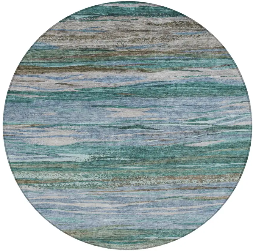 8' Teal Blue Khaki And Taupe Round Abstract Washable Indoor Outdoor Area Rug Photo 6