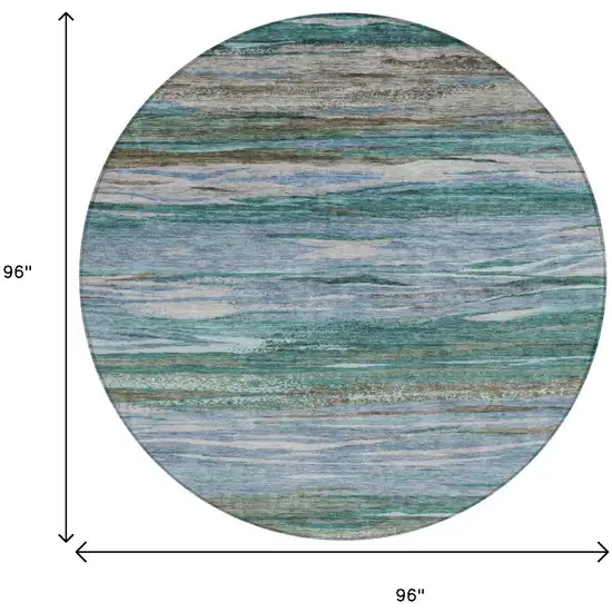 8' Teal Blue Khaki And Taupe Round Abstract Washable Indoor Outdoor Area Rug Photo 9
