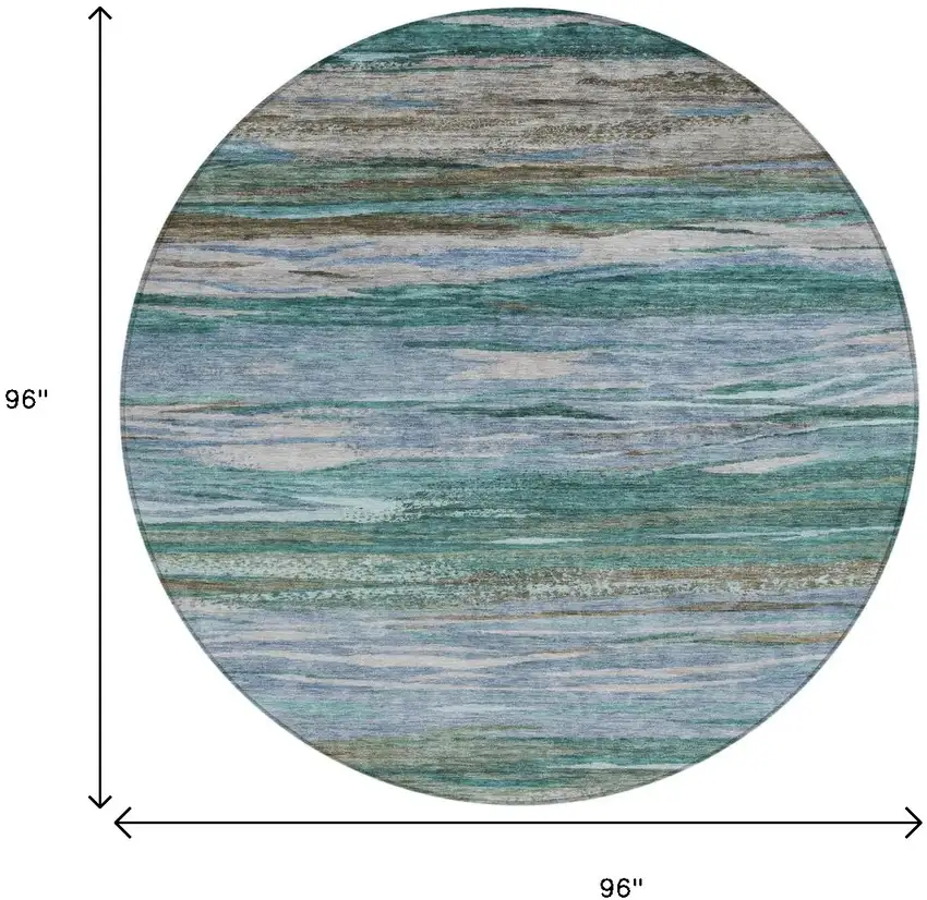 8' Teal Blue Khaki And Taupe Round Abstract Washable Indoor Outdoor Area Rug Photo 9