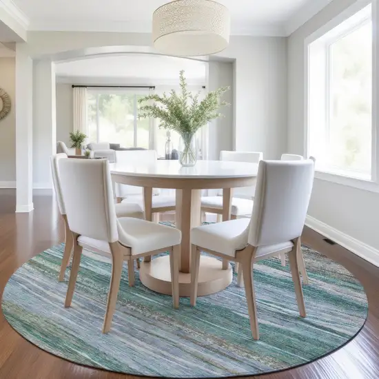 8' Teal Blue Khaki And Taupe Round Abstract Washable Indoor Outdoor Area Rug Photo 5