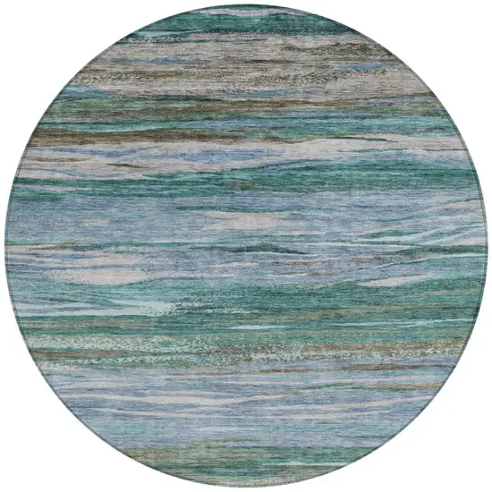 8' Teal Blue Khaki And Taupe Round Abstract Washable Indoor Outdoor Area Rug Photo 7