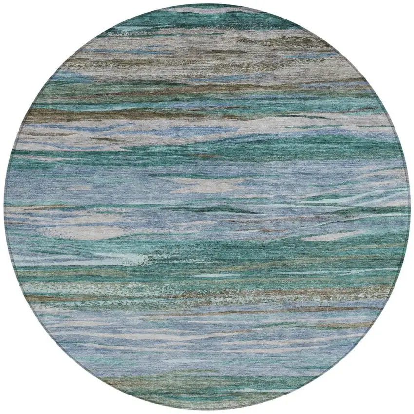8' Teal Blue Khaki And Taupe Round Abstract Washable Indoor Outdoor Area Rug Photo 7