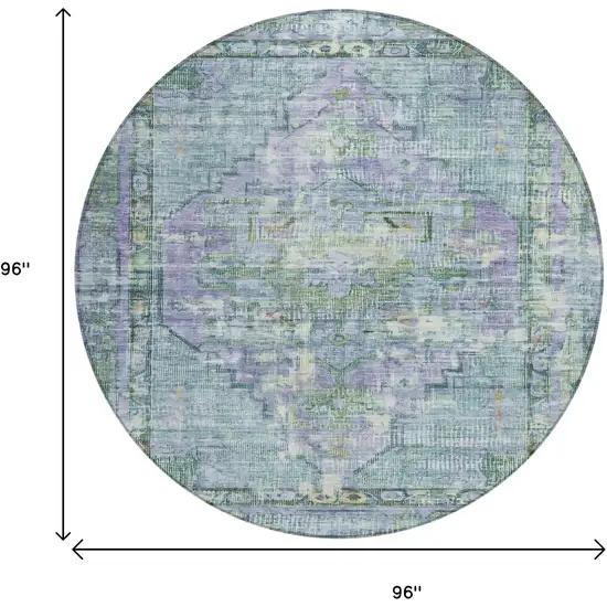 8' Teal Blue Lavender And Ivory Round Oriental Washable Indoor Outdoor Area Rug Photo 8