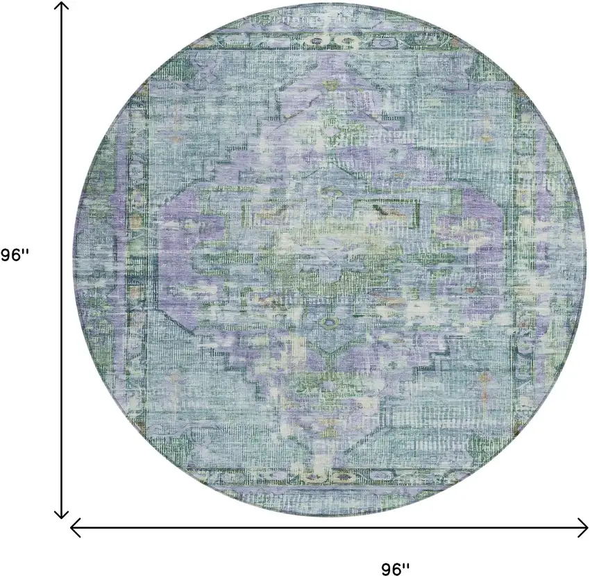 8' Teal Blue Lavender And Ivory Round Oriental Washable Indoor Outdoor Area Rug Photo 8