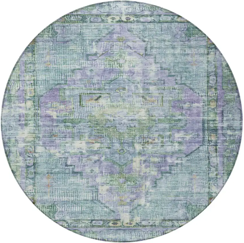 8' Teal Blue Lavender And Ivory Round Oriental Washable Indoor Outdoor Area Rug Photo 4