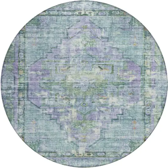 8' Teal Blue Lavender And Ivory Round Oriental Washable Indoor Outdoor Area Rug Photo 1