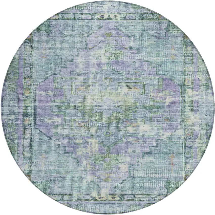 8' Teal Blue Lavender And Ivory Round Oriental Washable Indoor Outdoor Area Rug Photo 1
