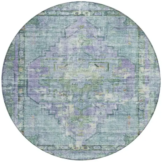 8' Teal Blue Lavender And Ivory Round Oriental Washable Indoor Outdoor Area Rug Photo 3