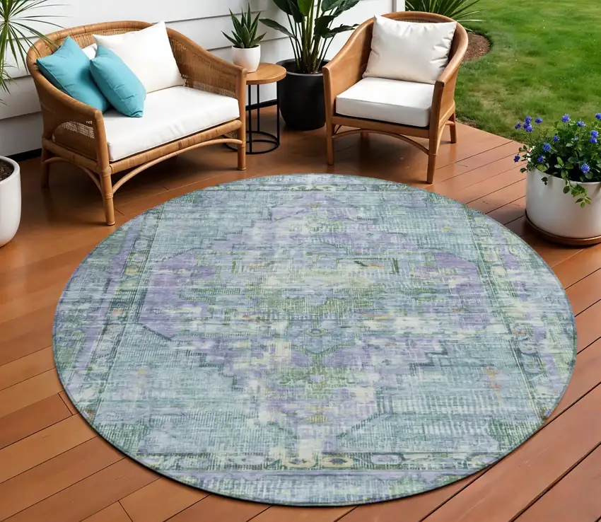 8' Teal Blue Lavender And Ivory Round Oriental Washable Indoor Outdoor Area Rug Photo 2