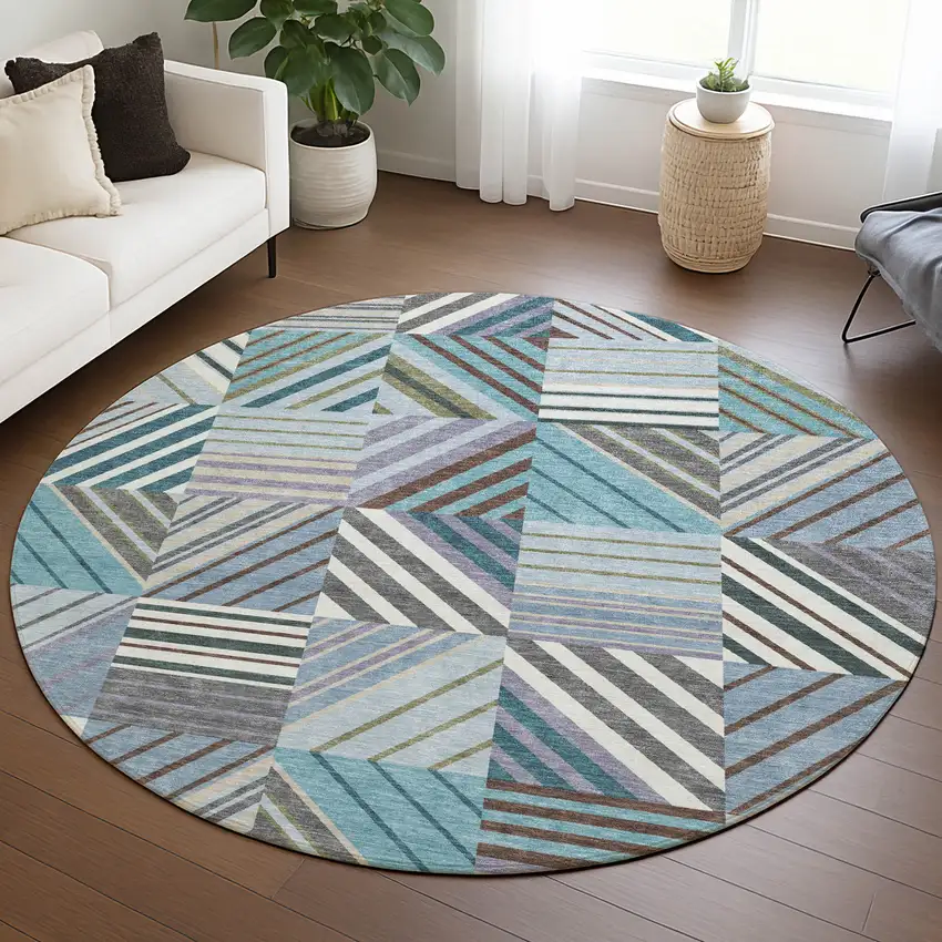 8' Teal Blue Lavender And Ivory Round Patchwork Washable Indoor Outdoor Area Rug Photo 5