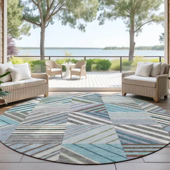 8' Teal Blue Lavender And Ivory Round Patchwork Washable Indoor Outdoor Area Rug Photo 4