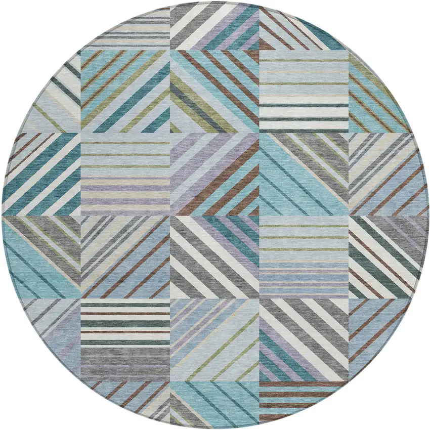 8' Teal Blue Lavender And Ivory Round Patchwork Washable Indoor Outdoor Area Rug Photo 1