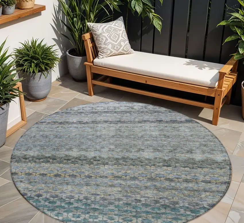 8' Teal Blue Light Blue And Gray Round Striped Washable Indoor Outdoor Area Rug Photo 1
