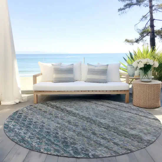 8' Teal Blue Light Blue And Gray Round Striped Washable Indoor Outdoor Area Rug Photo 6