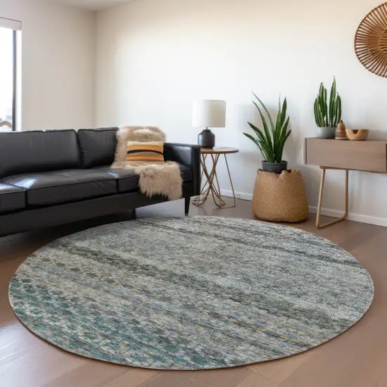 8' Teal Blue Light Blue And Gray Round Striped Washable Indoor Outdoor Area Rug Photo 7