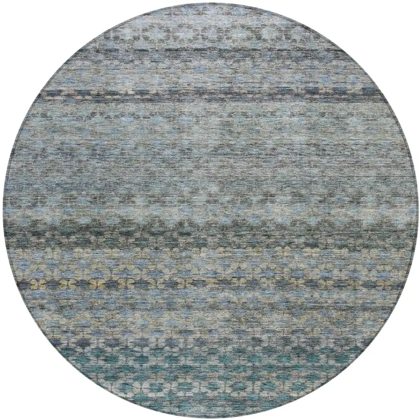 8' Teal Blue Light Blue And Gray Round Striped Washable Indoor Outdoor Area Rug Photo 2