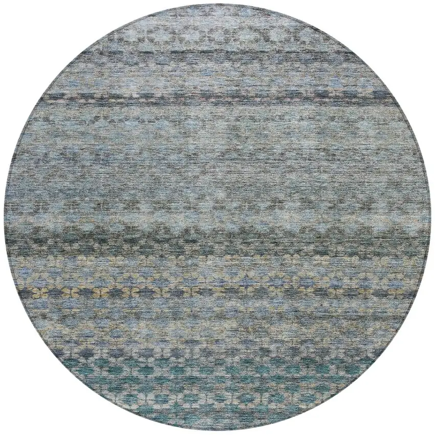 8' Teal Blue Light Blue And Gray Round Striped Washable Indoor Outdoor Area Rug Photo 5