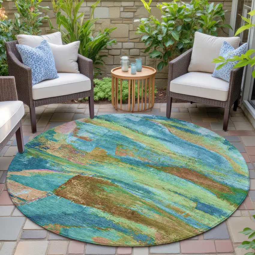 8' Teal Blue Lime Green And Blush Round Abstract Washable Indoor Outdoor Area Rug Photo 5