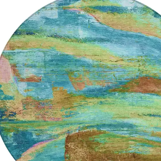 8' Teal Blue Lime Green And Blush Round Abstract Washable Indoor Outdoor Area Rug Photo 9