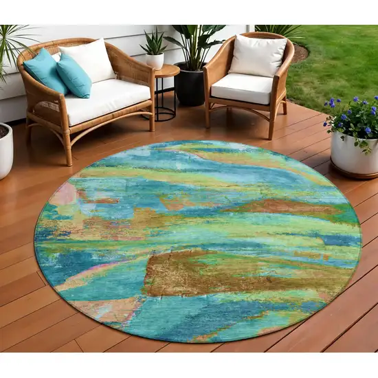 8' Teal Blue Lime Green And Blush Round Abstract Washable Indoor Outdoor Area Rug Photo 2
