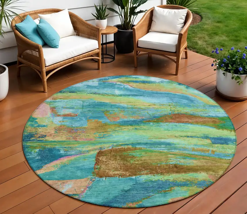 8' Teal Blue Lime Green And Blush Round Abstract Washable Indoor Outdoor Area Rug Photo 2