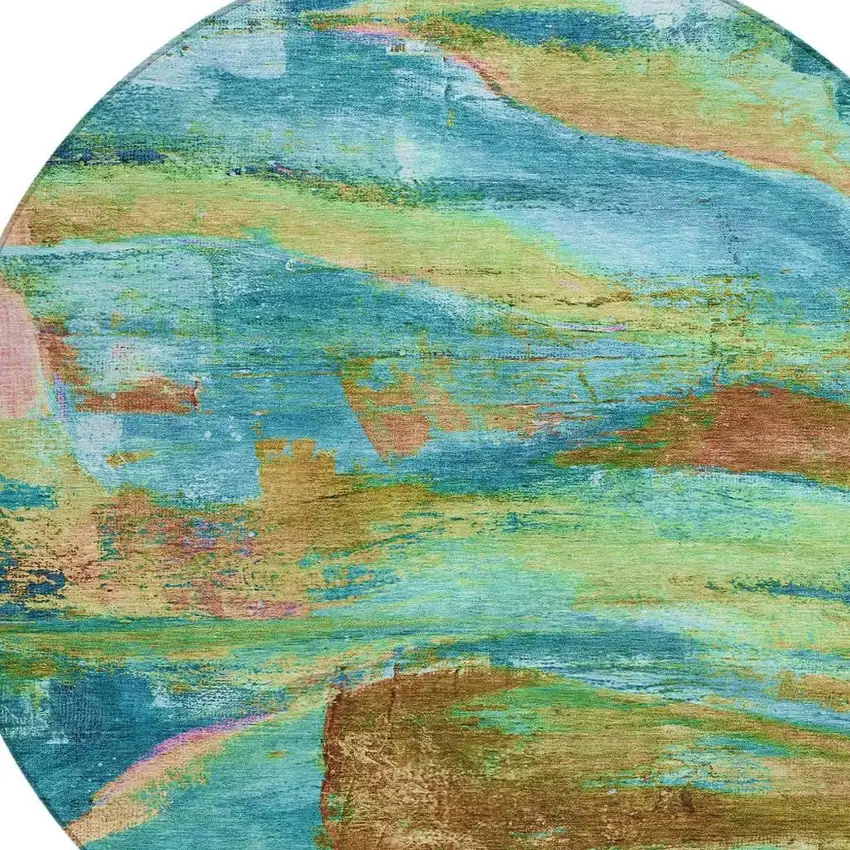 8' Teal Blue Lime Green And Blush Round Abstract Washable Indoor Outdoor Area Rug Photo 4