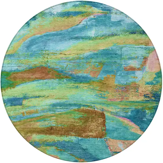 8' Teal Blue Lime Green And Blush Round Abstract Washable Indoor Outdoor Area Rug Photo 3