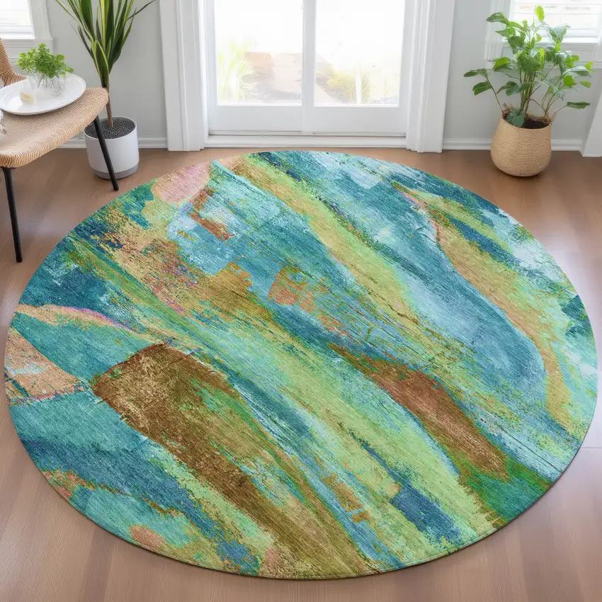 8' Teal Blue Lime Green And Blush Round Abstract Washable Indoor Outdoor Area Rug Photo 6