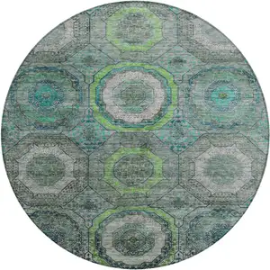 Photo of 8' Teal Blue Lime Green And Charcoal Round Geometric Washable Indoor Outdoor Area Rug