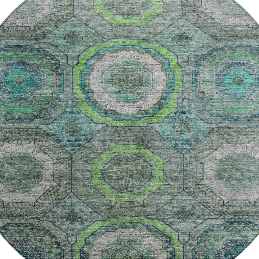 8' Teal Blue Lime Green And Charcoal Round Geometric Washable Indoor Outdoor Area Rug Photo 4