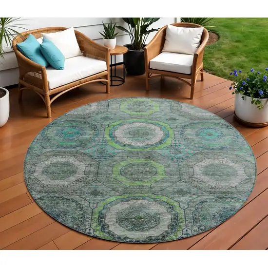 8' Teal Blue Lime Green And Charcoal Round Geometric Washable Indoor Outdoor Area Rug Photo 2