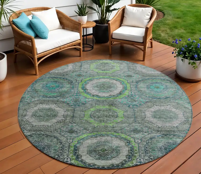 8' Teal Blue Lime Green And Charcoal Round Geometric Washable Indoor Outdoor Area Rug Photo 2