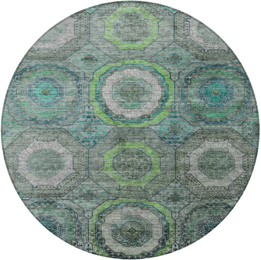 8' Teal Blue Lime Green And Charcoal Round Geometric Washable Indoor Outdoor Area Rug Photo 3