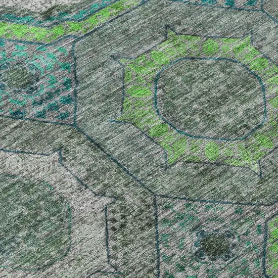 8' Teal Blue Lime Green And Charcoal Round Geometric Washable Indoor Outdoor Area Rug Photo 9