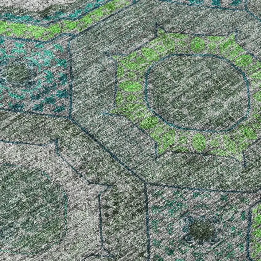 8' Teal Blue Lime Green And Charcoal Round Geometric Washable Indoor Outdoor Area Rug Photo 9