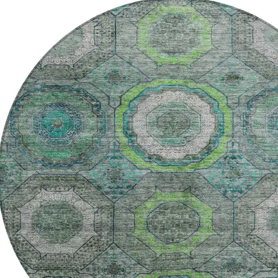 8' Teal Blue Lime Green And Charcoal Round Geometric Washable Indoor Outdoor Area Rug Photo 8