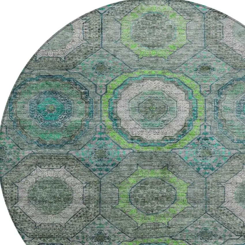 8' Teal Blue Lime Green And Charcoal Round Geometric Washable Indoor Outdoor Area Rug Photo 8