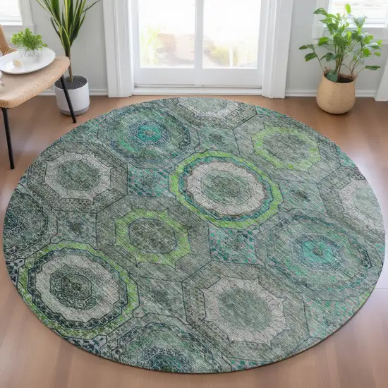 8' Teal Blue Lime Green And Charcoal Round Geometric Washable Indoor Outdoor Area Rug Photo 6
