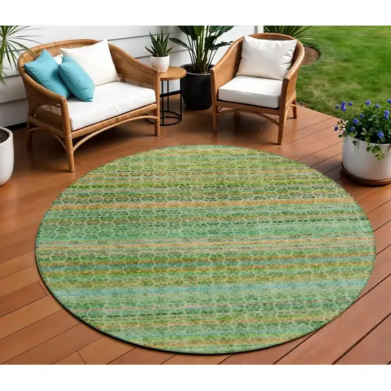 8' Teal Blue Lime Green And Coral Round Striped Washable Indoor Outdoor Area Rug Photo 2