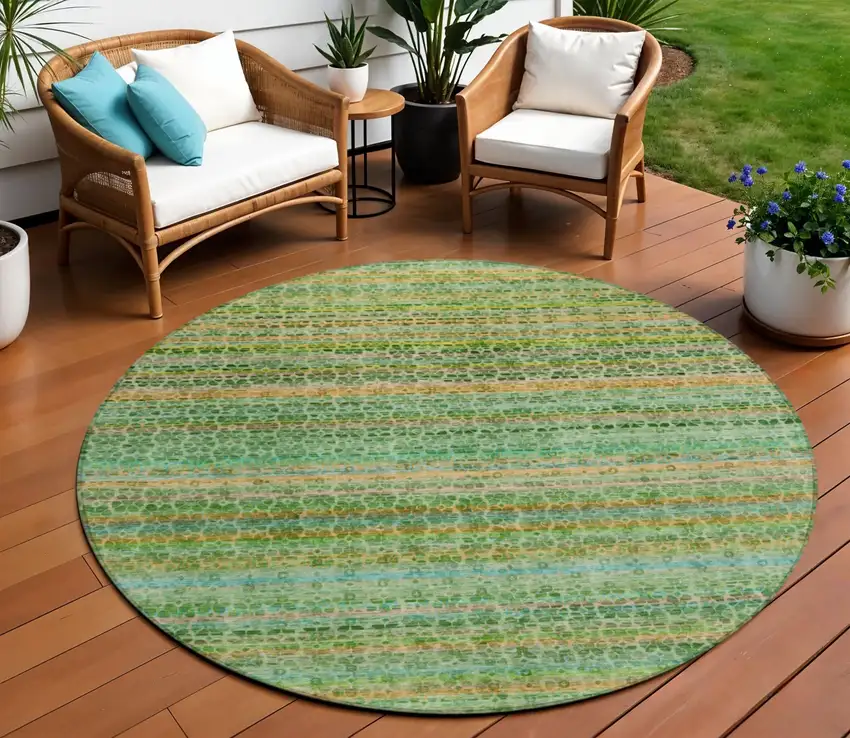 8' Teal Blue Lime Green And Coral Round Striped Washable Indoor Outdoor Area Rug Photo 2