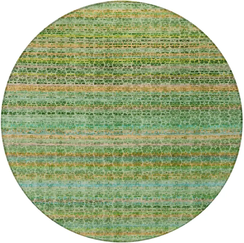 8' Teal Blue Lime Green And Coral Round Striped Washable Indoor Outdoor Area Rug Photo 3
