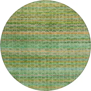 Photo of 8' Teal Blue Lime Green And Coral Round Striped Washable Indoor Outdoor Area Rug